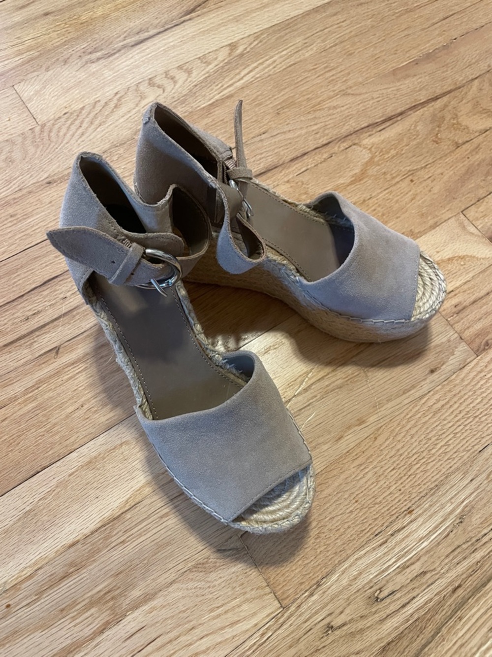 Marc Fisher women's taupe suede espadrille sandals w ankle strap